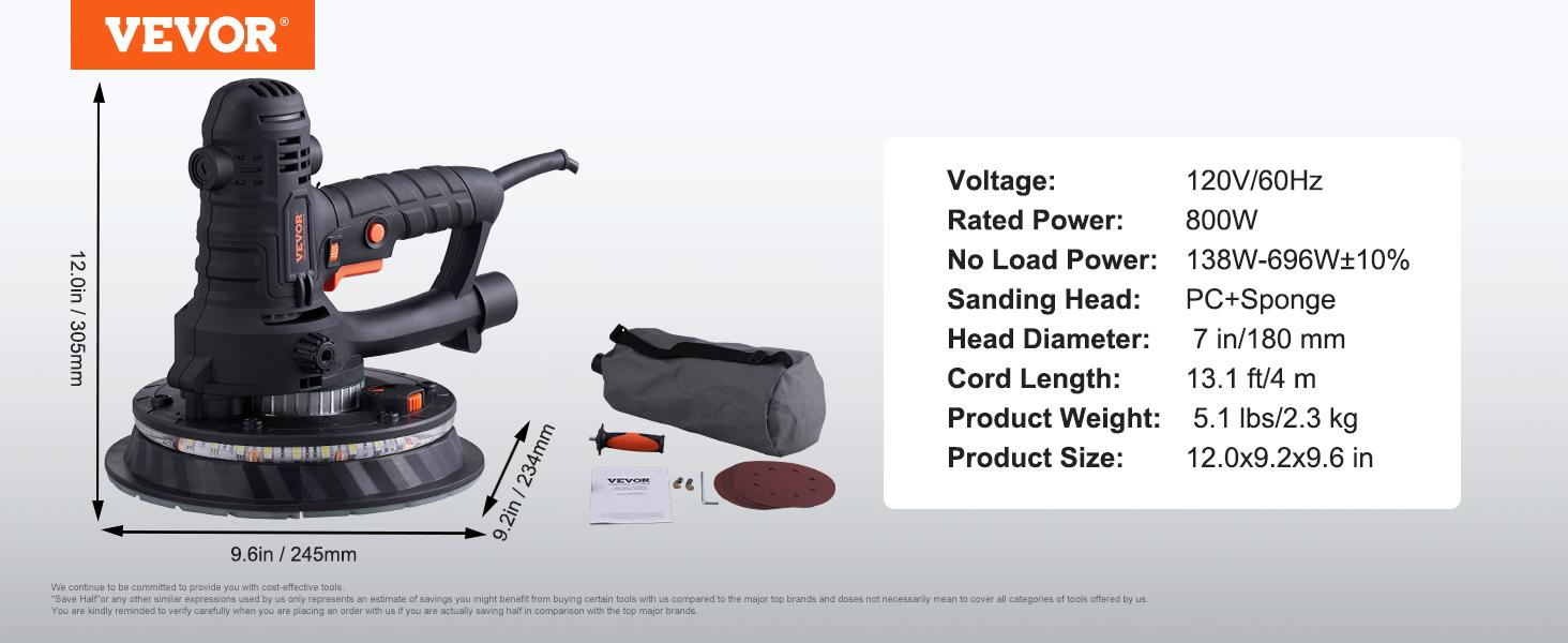 VEVOR Drywall Sander 800W Brush Motor 1200-2300RPM Variable Speed & Auto Vacuum
