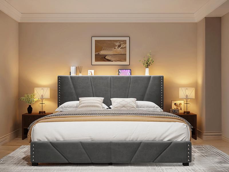 Upholstered Bed Frame for King Queen Fullwith LED & USB Ports,No Mattress, Modern Luxury Platform Bed Frame with Headboard and Storage Shelf, No Noise, Holds 800lbs, Wood Slats & Metal Frame, Gray, Beige Upholstered Bed Frame for King Queen Fullwith LED & USB Ports,No Mattress, Modern Luxury Platform Bed Frame with Headboard and Storage Shelf, No Noise, Holds 800lbs, Wood Slats & Metal Frame, Gray, Beige
