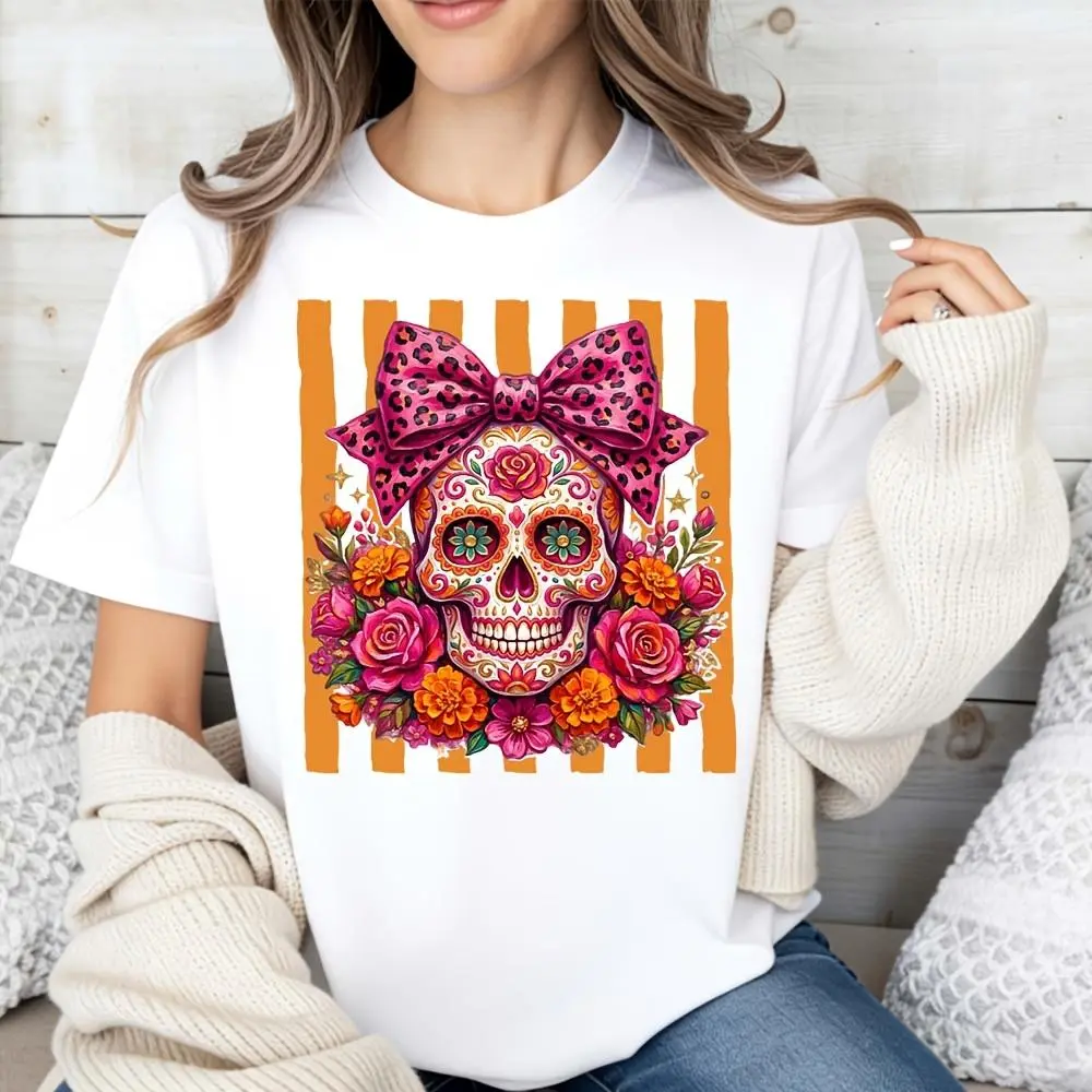 Cute Floral Sugar Skull, Women's T-Shirt, Leopard Bow And Rose Pattern, Casual Summer Wear, Gift For Mom Or Girlfriend