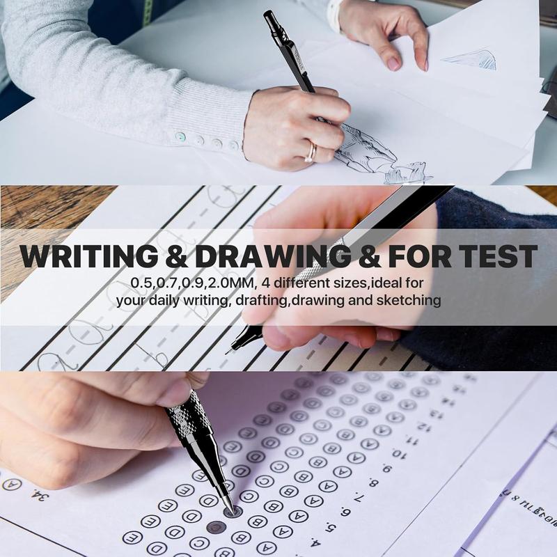 35Pcs Art Mechanical Pencil Set with Case, 0.5 0.7 0.9 2.0 Graphite Metal Drawing Drafting Pencils, Sharpener Erasers 384PCS Lead Refills (6B 4B 2B HB 2H 4H Colors)Pencils for Writing Sketching,Black