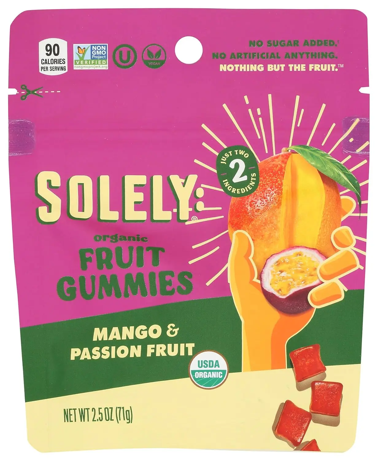 SOLELY - Organic Mango & Passion Fruit Whole Fruit Gummies (1 Resealable Bag, 2.5 Servings per Bag) - Real Fresh Fruit - Healthy Snacks - Non GMO, Vegan Snacks, Shelf Stable - 1 Bag (2.5 oz)