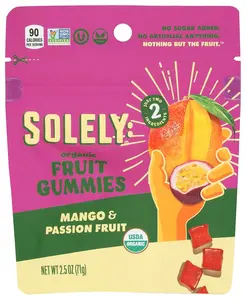 SOLELY - Organic Mango & Passion Fruit Whole Fruit Gummies (1 Resealable Bag, 2.5 Servings per Bag) - Real Fresh Fruit - Healthy Snacks - Non GMO, Vegan Snacks, Shelf Stable - 1 Bag (2.5 oz)