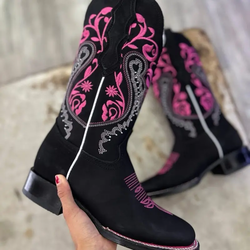 Women's White Diamonds Handcrafted Fina Piel de Cuero Gamuza Square Toe Boots - Black, 1.5" Heel, Floral Embroidery, Made in Mexico