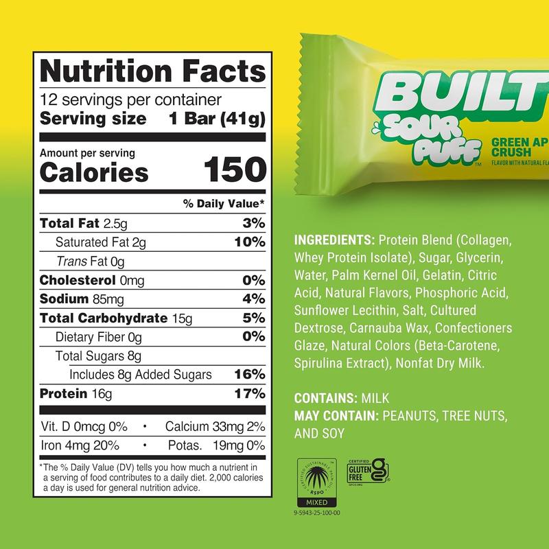 Built Bar, Sour Puff Protein Bars, Green Apple Crush, Collagen, On-the-go Snacks, Sour Candy Snack, 12 Pack
