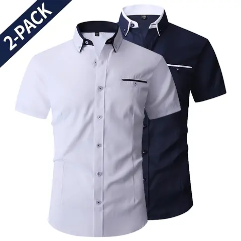Men’s 2-Pack Color-Block Collar Short-Sleeve Dress Shirts, Wrinkle-Free Slim Fit, Business Casual Style with Color-Block Pockets