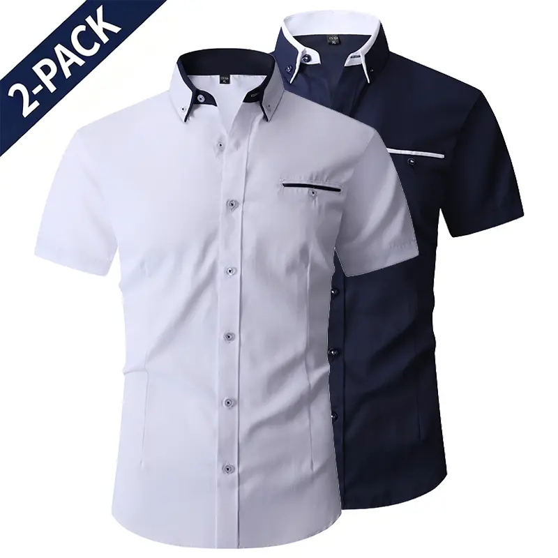 Men’s 2-Pack Color-Block Collar Short-Sleeve Dress Shirts, Wrinkle-Free Slim Fit, Business Casual Style with Color-Block Pockets