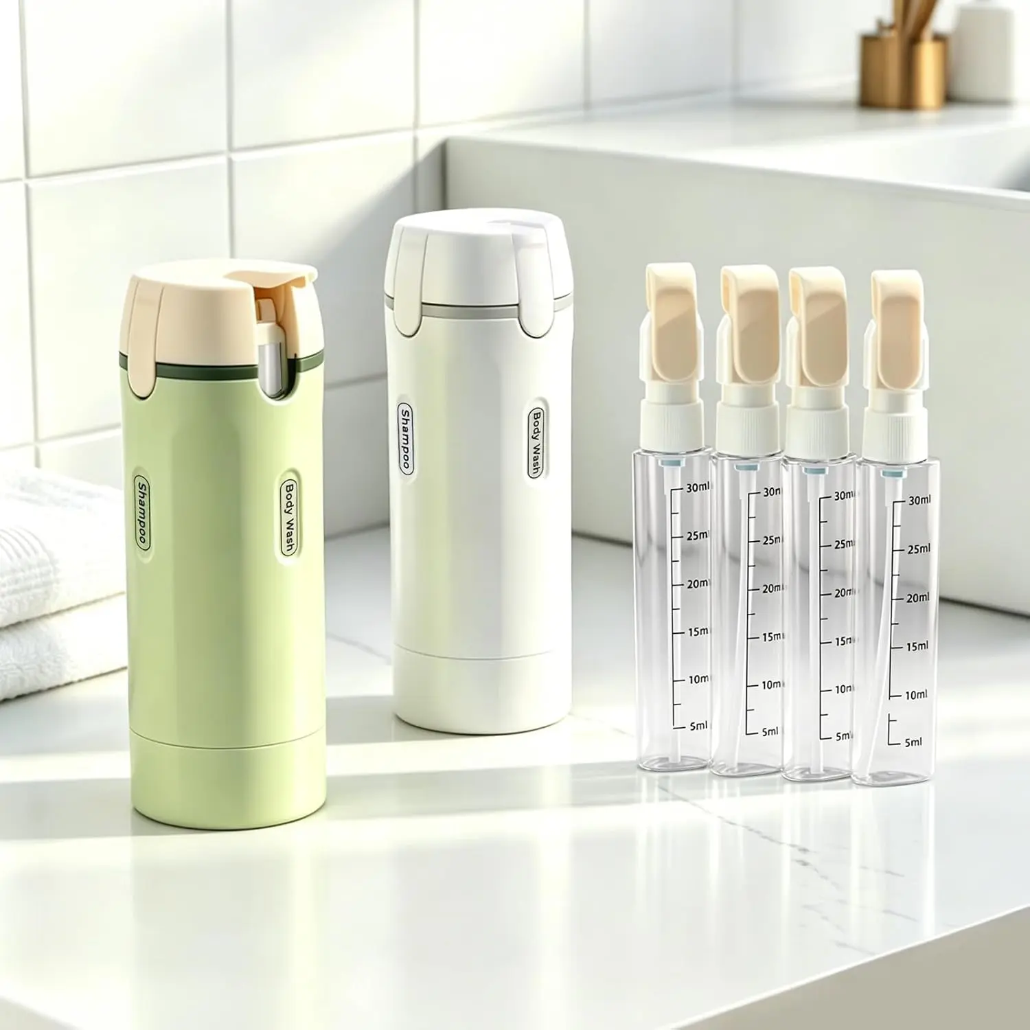 2026 New 4 In 1 Portable Travel Dispenser Bottles 30Ml, Leak Proof Reusable Toiletry Containers, Multi Purpose Travel Accessories For Shampoo Lotion Conditioner And Skin Cream For Daily Trips.Multi-Function Travel Toiletries Dispenser
