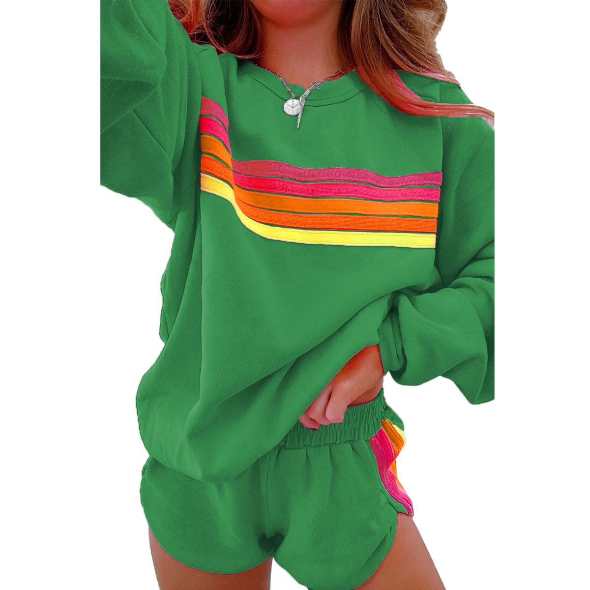 Znacicc Women's  Striped Accent Pullover and Shorts Two Piece Casual  Winteroutfit Set for Comfortable Daily Wear - Clothing, Lounge wear Cute Chic Long Sleeve Crewneck High Waist Womenswear Fitted