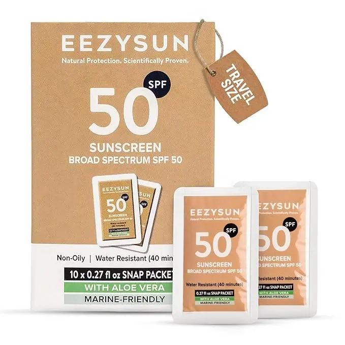 Mineral SPF 50 Mini Sunscreen Travel Size Snap Packets - with Aloe Vera, Broad Spectrum, Non-Oily with UVA/UVB Protection, 10 Packets x 0.27 FL OZ Sun Care Product Sun Blocking Cream