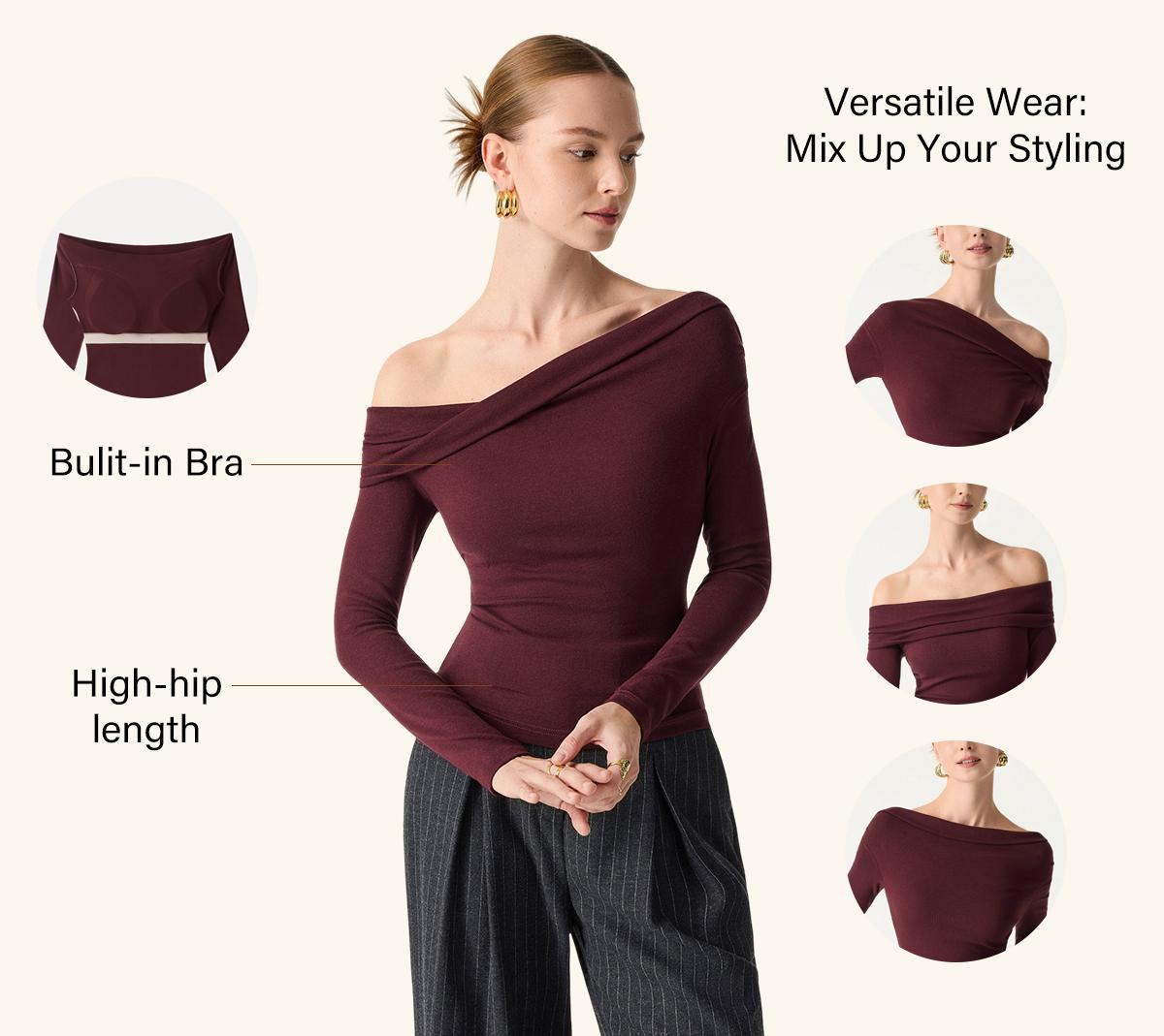 OGL Multi-wear Versatile Asymmetrical Neck Long Sleeve Brami Top with Removable Bra Pads Slim Fit Women's Blouse for Everyday Wear & Holiday Party valentine's day outfit SpringStatements