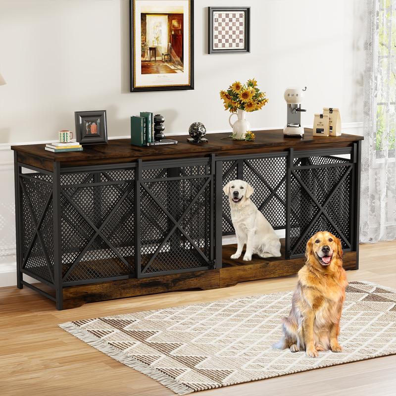 COZPAW 78" Dog Crate Furniture for 2 Dogs,Extra Large Breed Double Chew-Resistant Indoor Pet House,Heavy Duty Wooden XXL Large Kennel, Furniture Style XL Dog Cage, Max 300lbs Capacity (Grey)