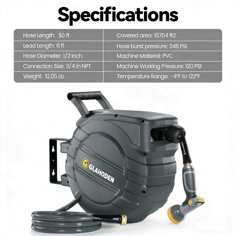 GLAHODEN Retractable Hose Reel 1/2 Inch x 50 ft&Metal bracket ,with 180° Swivel 9-Pattern Nozzle Automatic Rewind Slow Return System (Gardening gloves included) GLAHODEN Retractable Hose Reel 1/2 Inch x 50 ft&Metal bracket ,with 180° Swivel 9-Pattern Nozzle Automatic Rewind Slow Return System (Gardening gloves included)