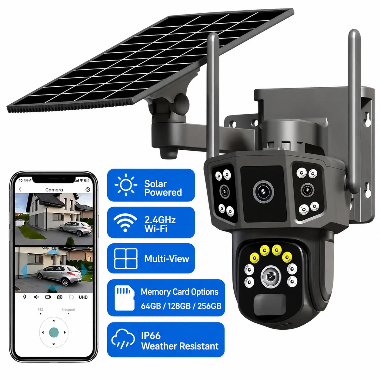Solar-Powered Outdoor Security Camera - Selectable 64GB/128GB/256GB Memory Card, 2.4GHz Wi-Fi, Pan/Tilt, Multi-View, Motion Alerts, Color Night Vision, 2-Way Audio, IP66 Weather Resistant