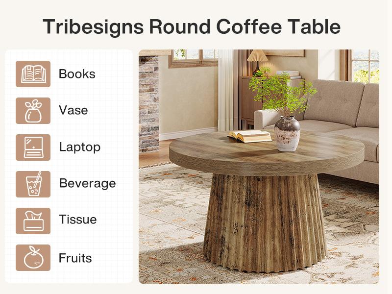 LITTLE TREE Round Coffee Table, 31.5" Modern Circle Center Table with Fluted Drum Base and Wood Grain Finish, Minimalist Accent Cocktail Table for Living Room, Apartment, Small Space