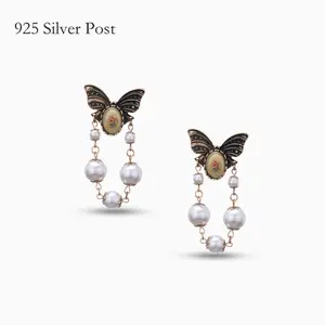 YEAHLOVE 925 Sterling Silver Butterfly Pearl Drop Earrings | Hypoallergenic | Vintage Floral Cameo | Medieval Royal Style | Elegant Long Dangles | Versatile for Dates & Special Events