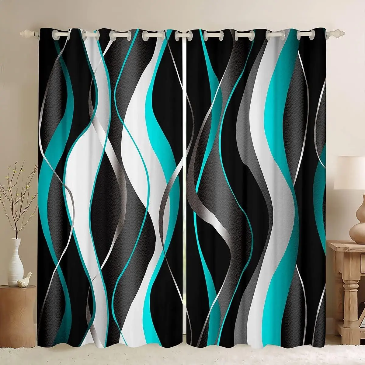 Green Grey Black Window Drapes Spiral Pattern Curtains Abstract Art Blackout Curtain Modern Luxury Window Treatments