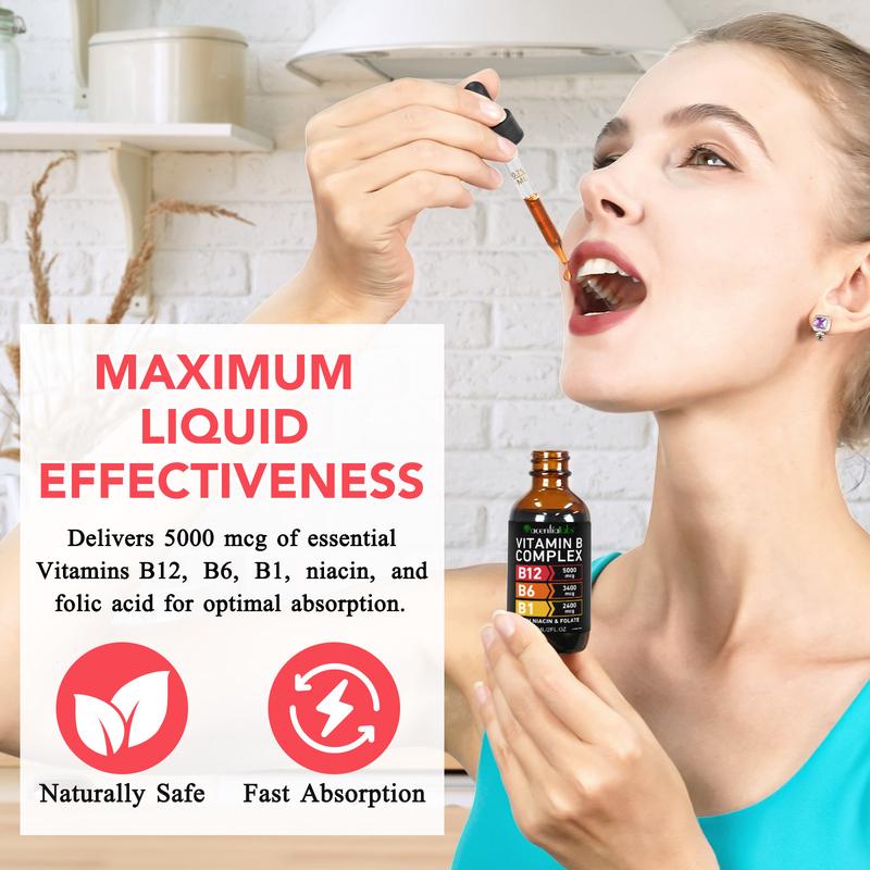 [Three-Bottle Pack] Vitamin B12 and B6 Drops, Sublingual Vitamin B12 Complex - Vitamin B12 5000mcg - Vitamin B12 Methylcobalamin, supports energy, brain, and heart health, raspberry flavor, suitable for both men and women, Made in the USA, 6 fl oz.