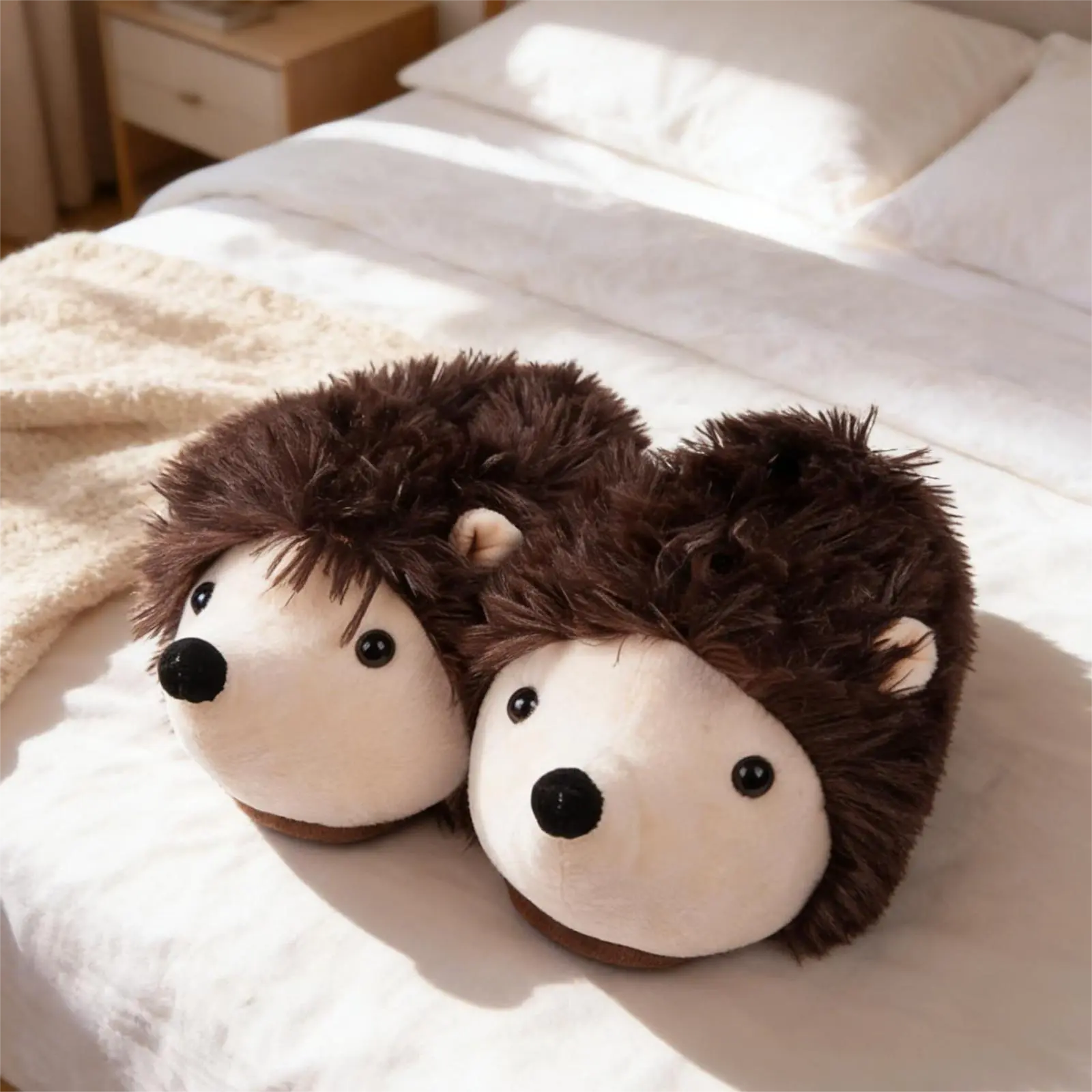 Women's Cute Hedgehog Animal Footwear - Slip-On Slide Slippers with Soft Fabric, Sweet White Face, Fluffy Spikes, TPU Flat Sole, Warm Design for Cozy Mornings & Indoor Use