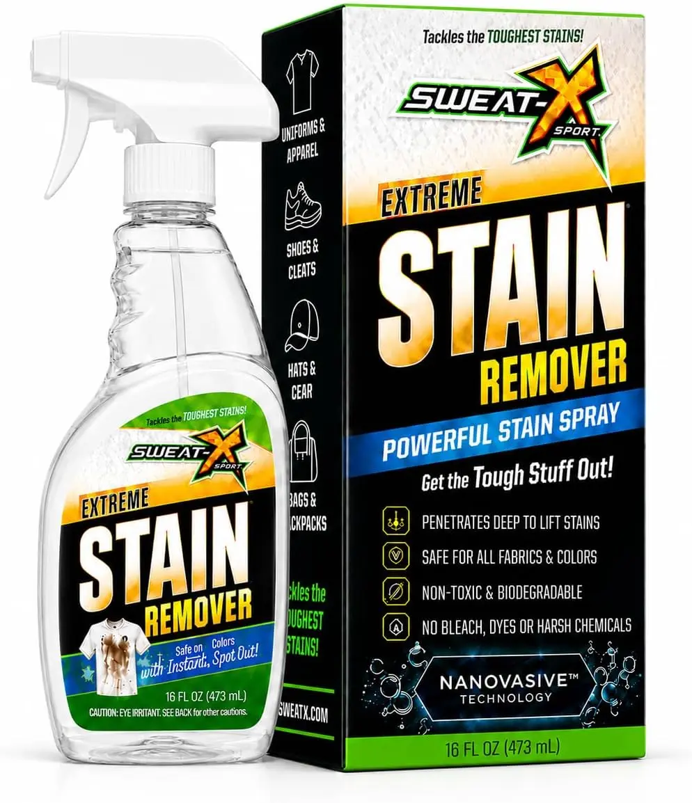 Sweat X Sport Extreme Fabric Clothes Stain Remover Spray Bottle - Dye Free, Tough Stain Lifting, Formulated for Activewear, 16 fl oz, Organic