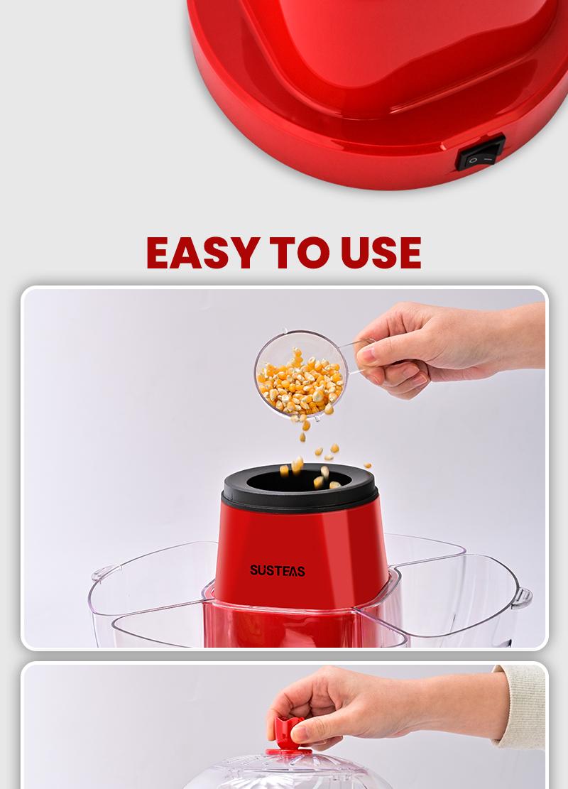 SUSTEAS American Hot Air Popcorn Machine - Electric Popcorn Maker with 4 Serving Bowls, Oil-Free, Efficient Hot Air System, Quick and Easy Clean