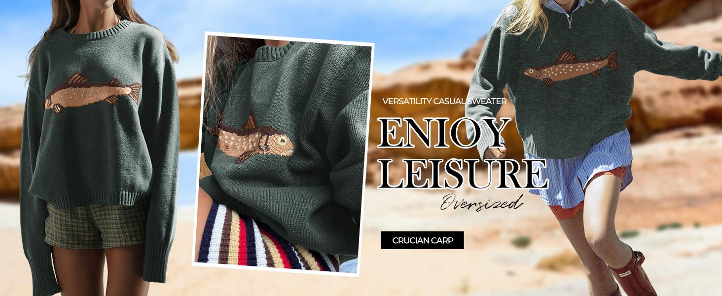 CHARTOU Women Fashion Crew Neck Rib Knit Crucian Carp Graphic Oversized Y2k Pullover Sweater Jumper