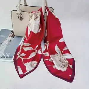 Elegant Women’s Red Floral Silk Scarf — Wine Red and Floral Pattern Breathable Square-Neck Scarf, Soft and Luxurious for Spring/Autumn Hand Wash, Versatile for Casual and Formal Wear, Perfect Accessory for Spring and Autumn, Refined Style, Fashion Lover’s