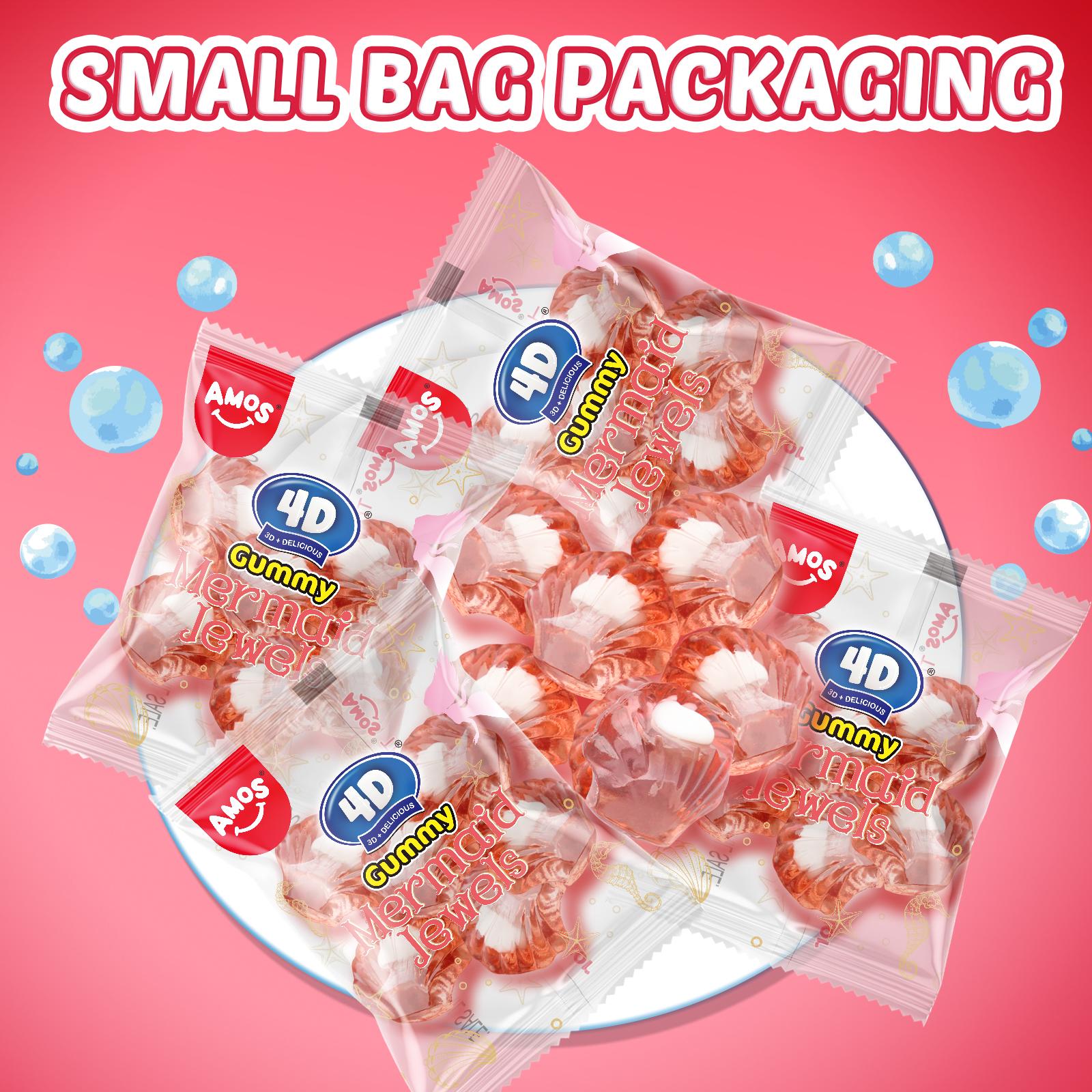 Amos 4D Gummy Mermaid Jewels - Blue Raspberry Flavor, Jelly-Filled Chewy Fruit Snacks, Gluten-Free, Resealable Bags, Healthy Exotic Sweet Treats - Bite