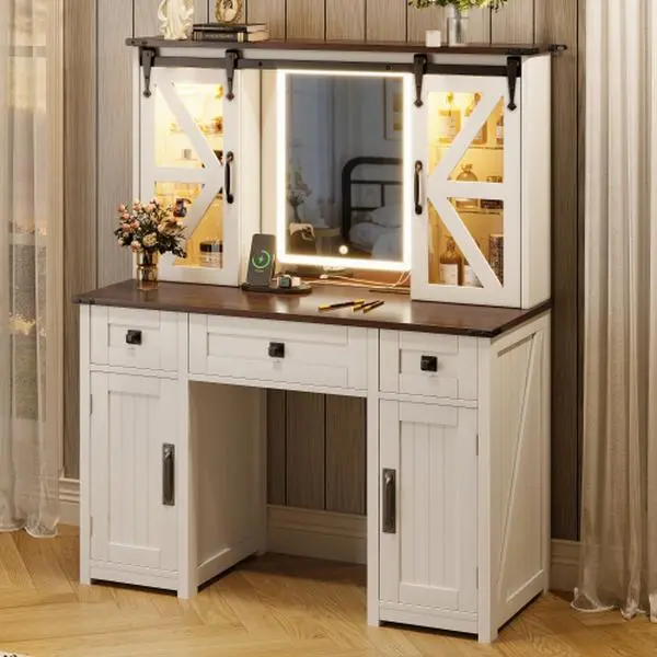 Bellemave 43.3" Farmhouse Makeup Vanity Desk with Lighted Mirror, Vanity Table Set with Charging Station, Dressing Table with Sliding Barn Door Hidden Shelves & 3 Drawers & 4 Cabinets, Beige
