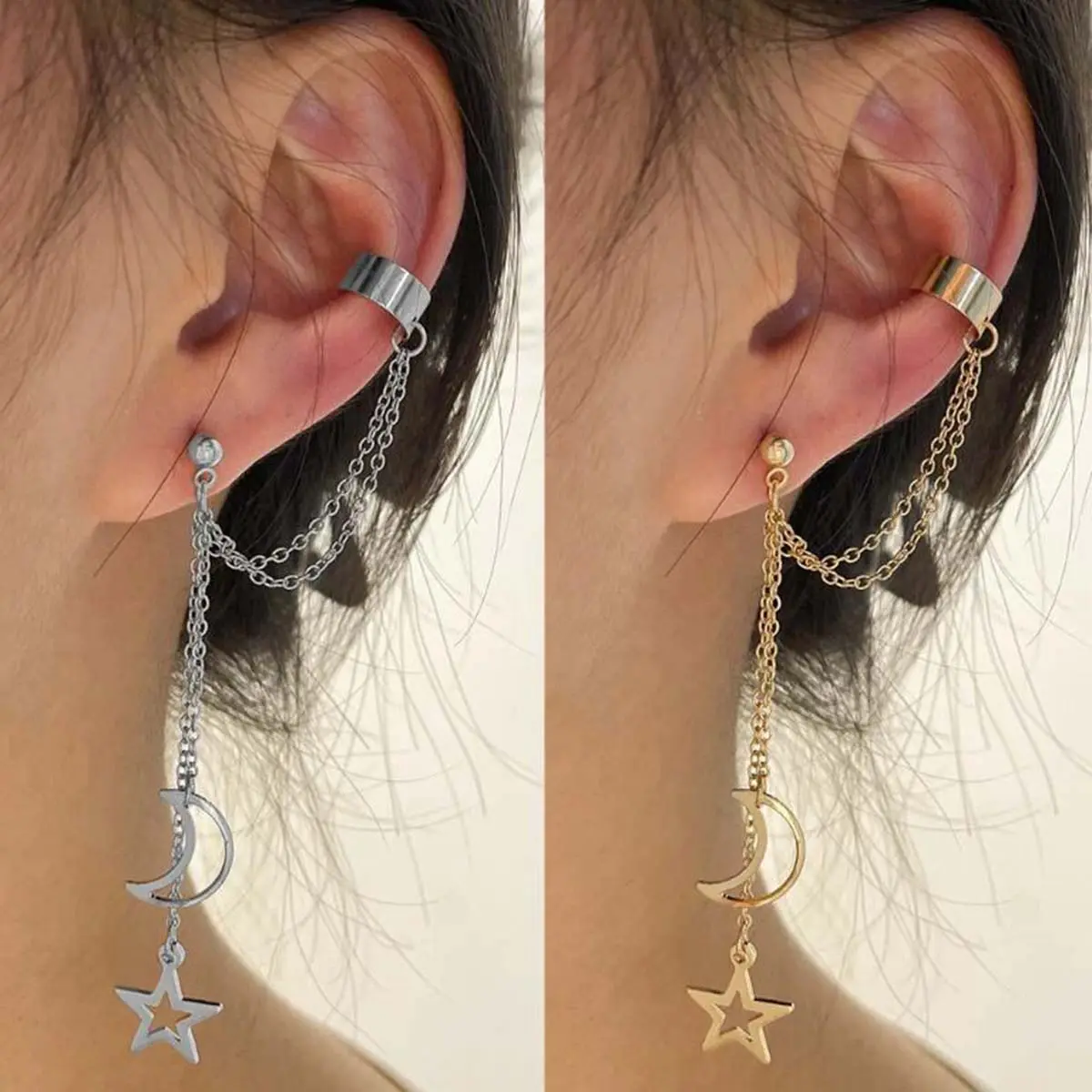 [Limited-Time Event] Long Star-Moon Tassel Ear Bone Clip - Niche Punk Chain Constellation Earrings, Versatile Casual Earring Clip for Birthday Gifts, Constellation Earring