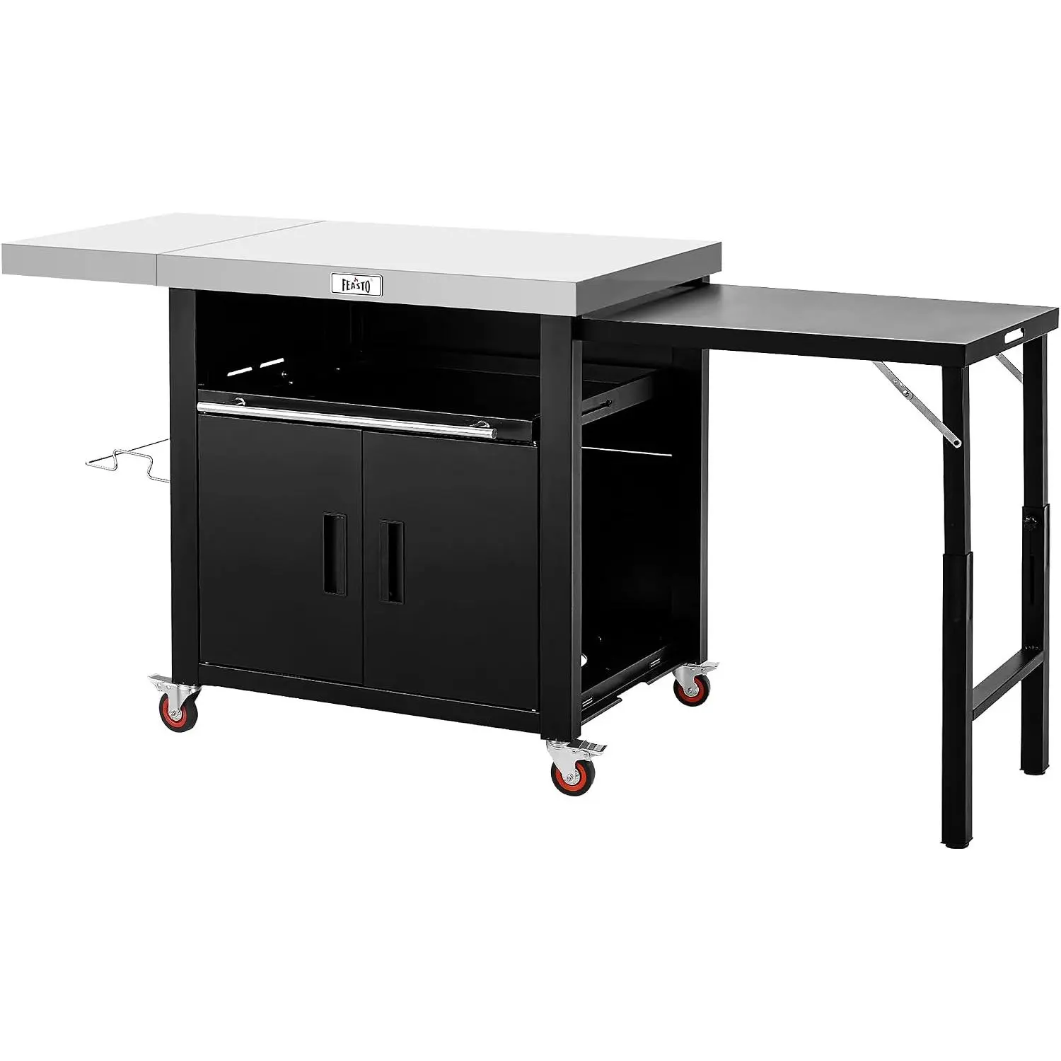 Feasto Outdoor Kitchen Island with Cabinet, 74” x 26” Rolling Grill Table | Grill Table with Stainless Steel Top for Pizza Oven& Griddles, Movable Bar Cart with Pull-Out Plate for Parties & Gathering