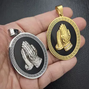 MaxBling81 Unisex Stainless Steel Oval Charm Pendant, Religious Praying Hands Design with CZ Bling, Hip Hop Style Fashion Costume Jewelry Accessory