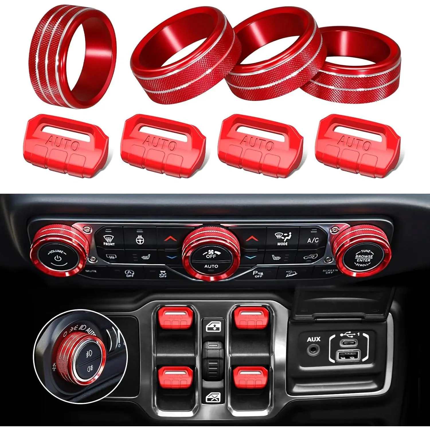 8Pcs Button Knob Cover for Jeep Wrangler JL JLU 2018-2025 2026 & Gladiator JT 2020-2025 2026 Accessories, JL Window Switch Button Cover Volume Radio Air Conditioner Headlight Switch Knob Cover (Red)