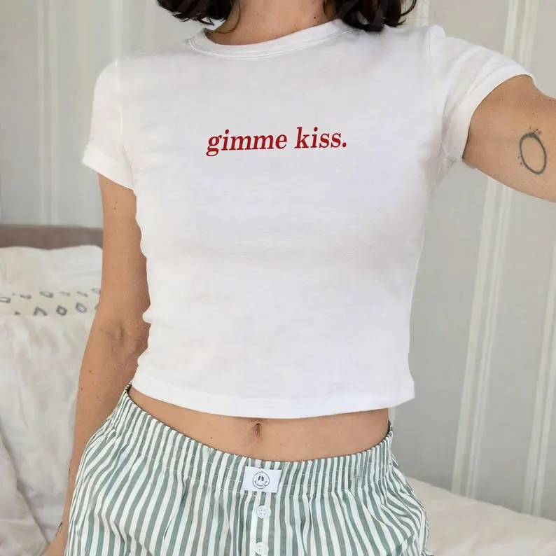 [Sale off up to 50%] Gimme Kiss Baby Tee, Y2K Trendy Quote Crop, Rivals To Lovers Hockey Romance Shirt