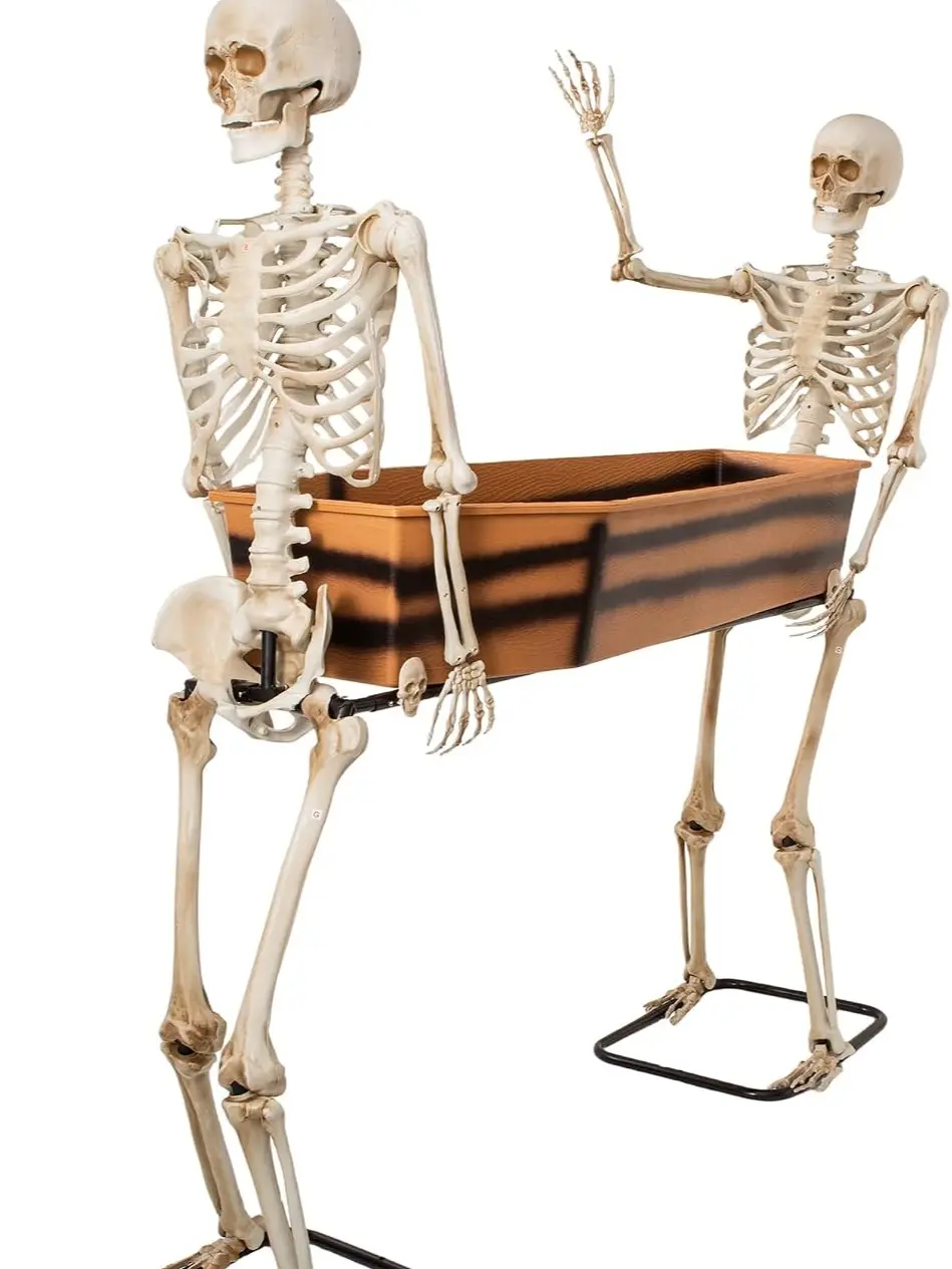Two Skeletons Carrying Open Coffin Halloween Decorations, 5FT Poseable Arms Pallbearers with Waterproof Coffin for haunted house coffin prop, yard displays parties and large outdoor Halloween decor
