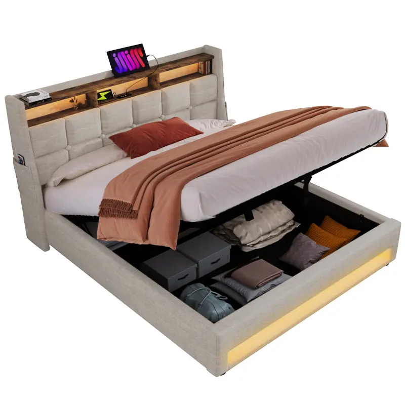 Queen Size Glam Upholstered Modern Bed Frame - Sturdy Platform Bed with Hydraulic Storage System, LED Lit Headboard, USB Charging Ports, Natural Finish (Mattress Not Included)