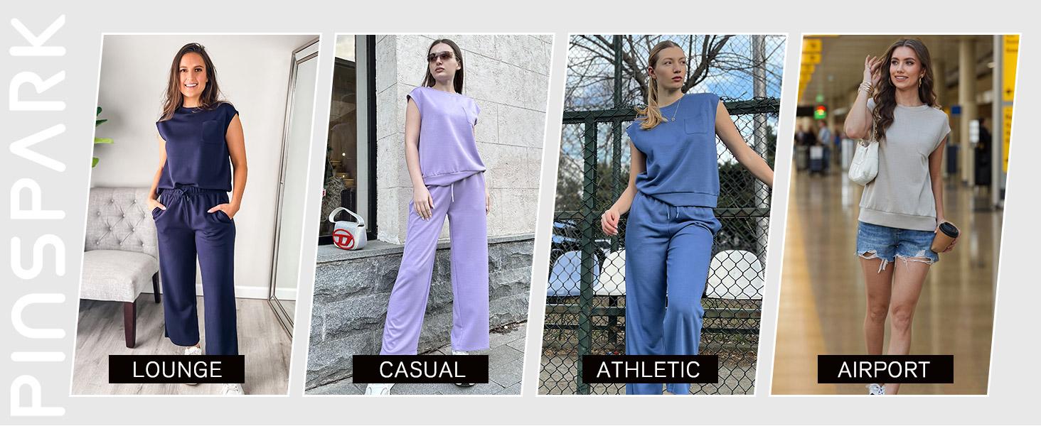 Pinspark Women's Summer Casual Suit Wide-legged Pants Loose Fit Machine Washable Air Layer Fabric Cap Sleeve Top & Cropped Wide-Leg Pants Set Clothes Womenswear Adjustable Pocket