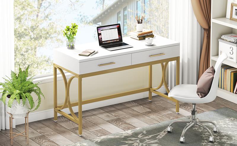 【BTS ONLY】Tribesigns 41" Computer Desk with 2 Drawers, Modern Study Writing Desk with Metal Frame for Home Office, Bedroom, White & Gold
