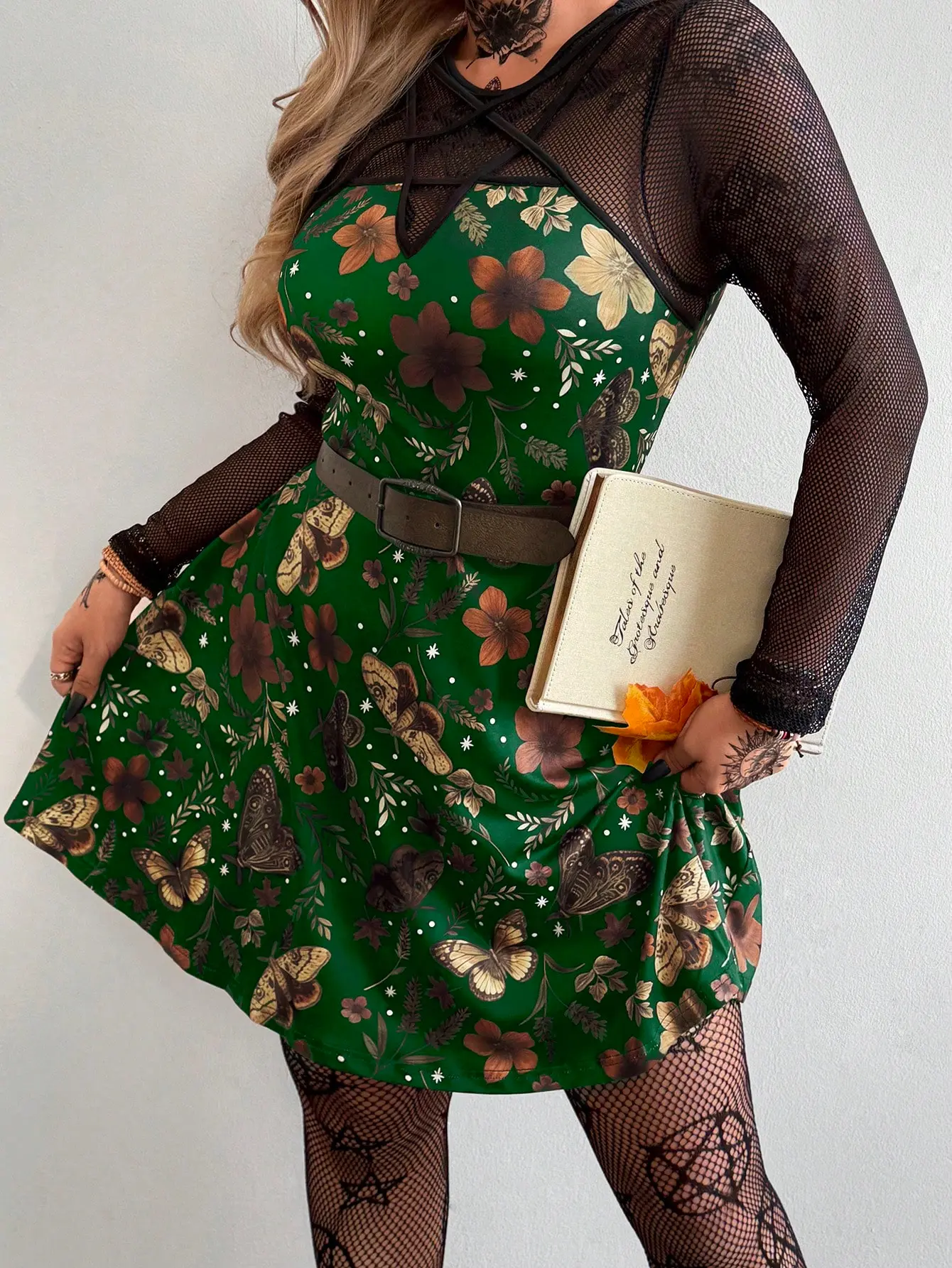 Whyspr Grunge Cottage Punk Witchy Grunge Punk Plus Size Women's New Round  Neck Vintage Casual College Fashion Dark Punk Style Printed Patchwork Mesh  Ribbon Decor A-Line Long Sleeve Dress - TikTok Shop