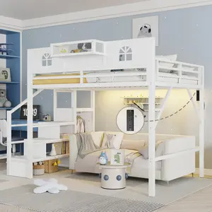 【Shipped in two packages】Full/Queen Size Metal Loft Bed with Stairs - House Shaped High Guardrails & Wardrobe for Kids Teens, White/black