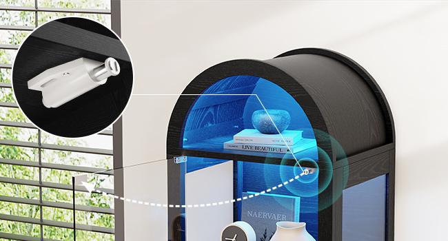 BROTTAR Arched Display Cabinet with Glass Doors, 71" Narrow Curio Cabinet with LED Lights for Collectibles Bookcase, 5-Tier Showcase Glass Display Case with Human Body Sensor for Living Room, Black