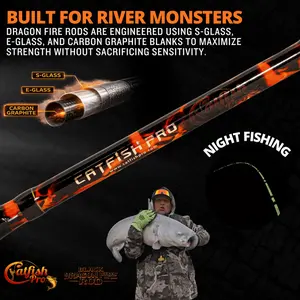 Catfish Pro Black Dragon Fire Spinning Glow Fishing Rod & Reel Combo, 7’6” S-Glass E-Glass Graphite Blend, Non-Slip EVA Handle, Chrome Guides, 600STS Reel, Glow-in-the-Dark, Fishing Reel