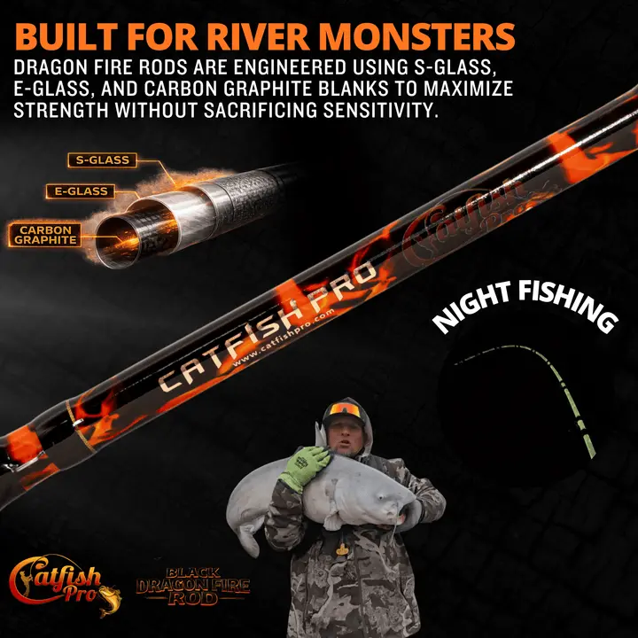 Catfish Pro Black Dragon Fire Spinning Glow Fishing Rod & Reel Combo, 7’6” S-Glass E-Glass Graphite Blend, Non-Slip EVA Handle, Chrome Guides, 600STS Reel, Glow-in-the-Dark, Fishing Reel