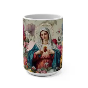 Religious Floral Mug – Sacred Heart Virgin Mary 15oz Ceramic Coffee Cup