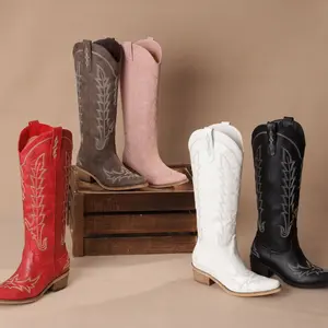 Cowboy Boots for Women - Knee High Pointed Toe Chunky Heel Pull On Zipper Western Cowgirl Boots, Retro Country Vintage Fashion Tall Boots