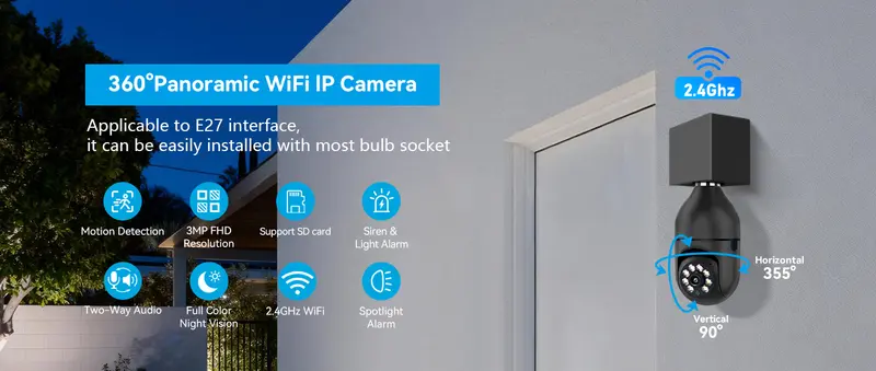 Jennov 2K WiFi Light Bulb CCTV Camera - 3MP HD Night Vision, AI Human Detection, Auto Tracking, 2.4GHz Wi-Fi, Siren Alarm, SD Support, Easy Install, Compact Home Security CCTV (Alexa Compatible, 1/2/4 Pieces Camera Security Multi-Pack Option)