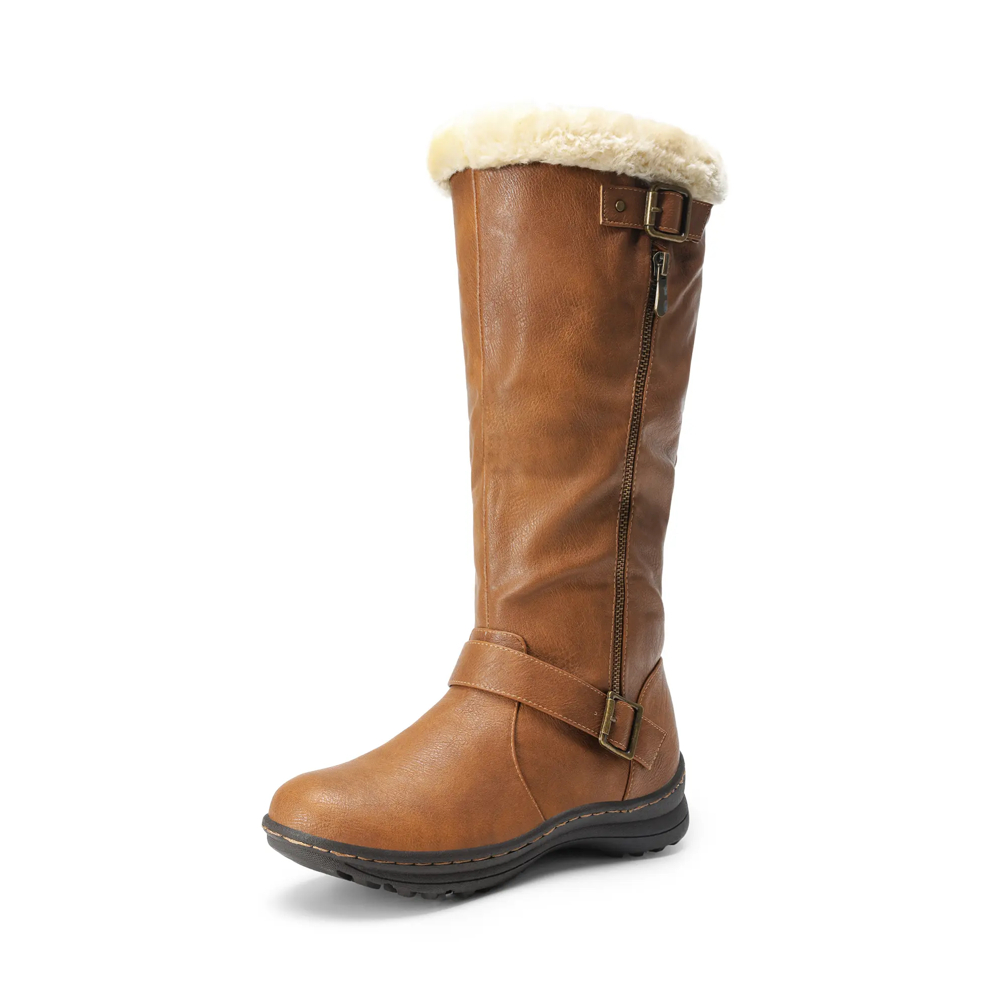 Dream Pairs Women's Knee-High Winter Snow Walking Boots - Fully Faux Fur Lined, PU Leather, TPR Rubber Sole, Side Zipper, 1-3 cm Low Heel Cold-Weather Walking Shoes