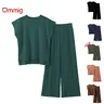 Ommig Lounge Sets for Women Two Piece Outfits Knit Cap Sleeve Tops Wide Leg Pleated Pants Casual Dressy Sweater Sets,summerwins