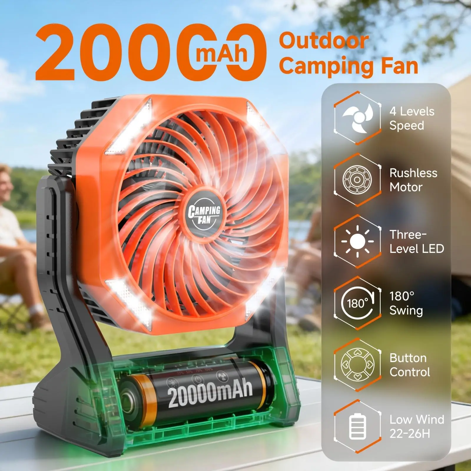 20000mAh Camping Fan with LED Light, 4 Speeds Brushless Motor, 180° Oscillating Portable Outdoor Fan, 22-26H Long Runtime, Table Fan for Camping, Hiking, Picnic, Emergency