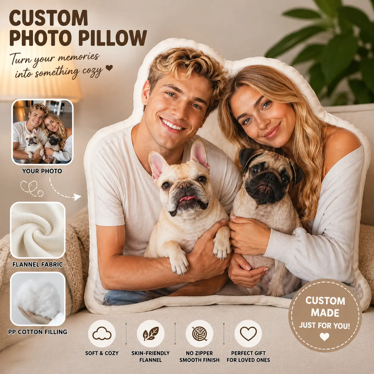 Custom face pillow, personalized photo flannel cushion, custom image throw pillow, couples gift, family portrait pillow, birthday gift for friend, personalized gift for him her, 3D face plush cushion, custom memorial pillow