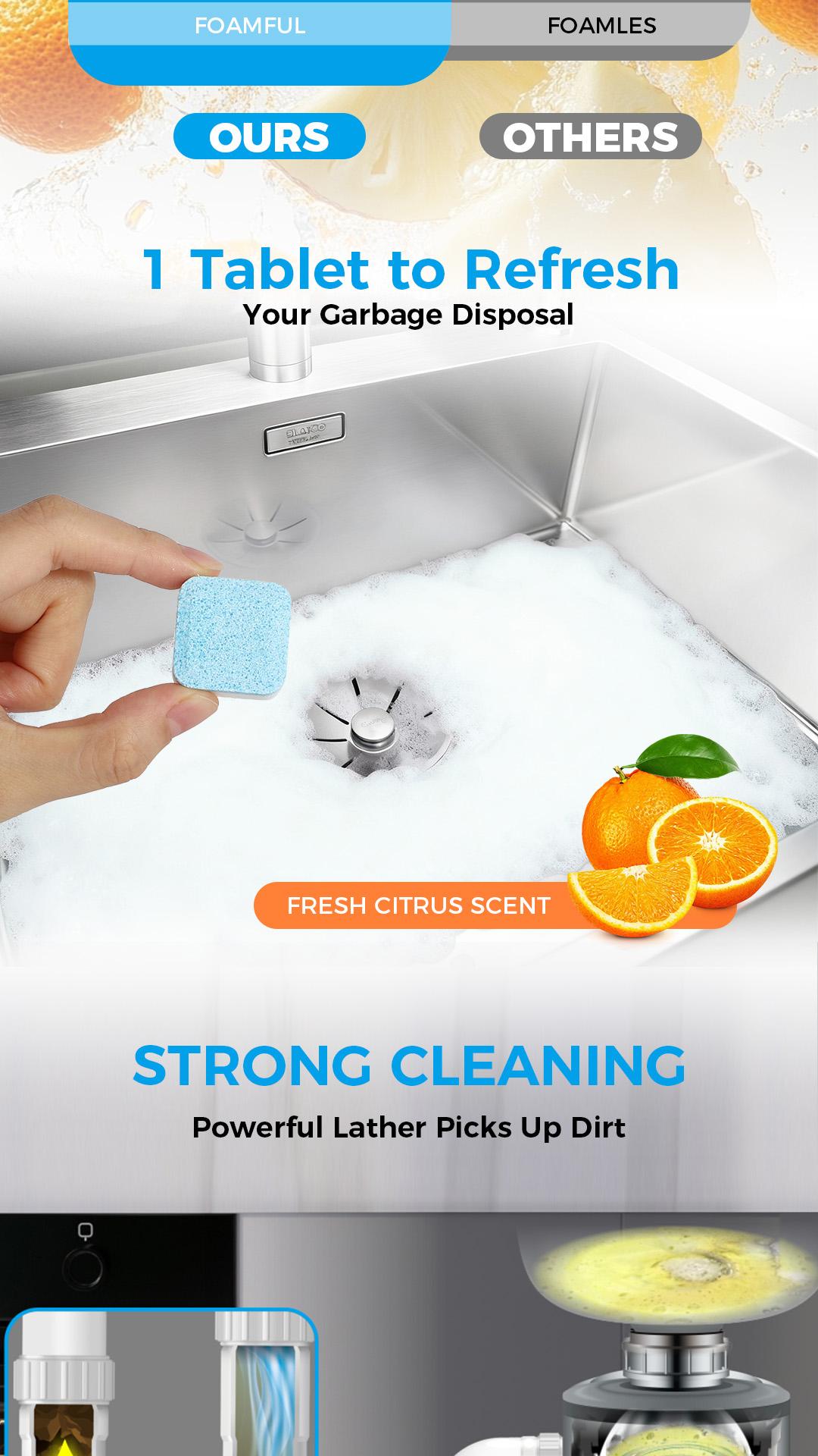 BUBCLEAN Powerful Garbage Disposal Cleaner & Deodorizer Tablets 24 Pack with Fresh Citrus Scent, Easy Monthly Foaming Cleaner for All Disposal Brands 1 Year Supply